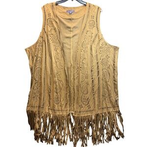 Roamans Vest Women 22/24 Tan Faux Suede Laser Cut Fringe Boho Western Cowgirl‎